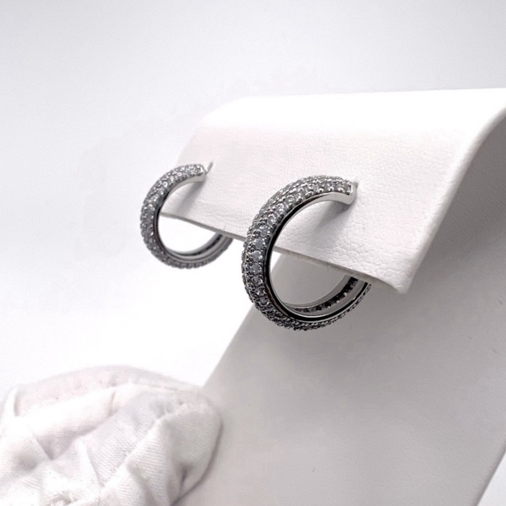 .925 Sterling Silver Pave Cz 16mm Post Hoop Earrings - Picture 3 of 15